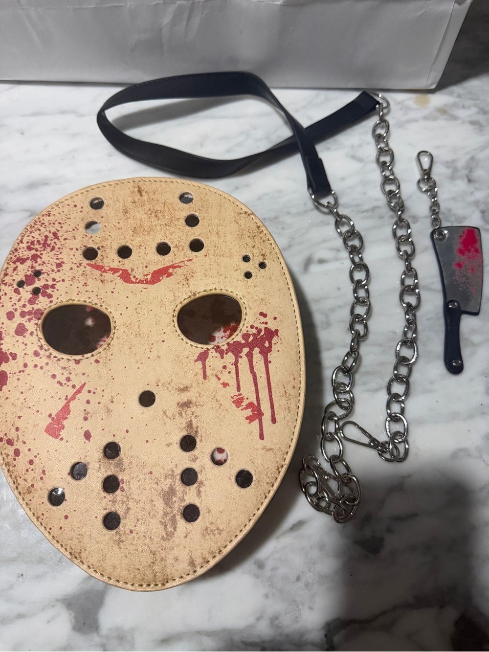 Yumiko Beige Crossbody Bag with Red Splatter Mask Motif